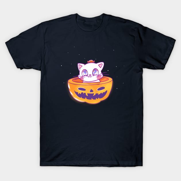 Cute Halloween pumpkin cat T-Shirt by unidoodlez